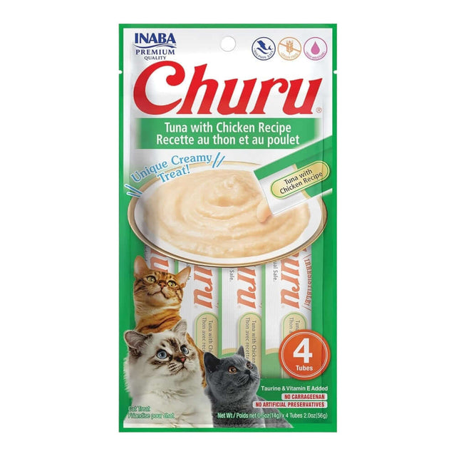 Inaba Churu Cat Treats Tuna with Chicken Recipe in 4 tubes, creamy and soft treat for cats, made with quality ingredients.