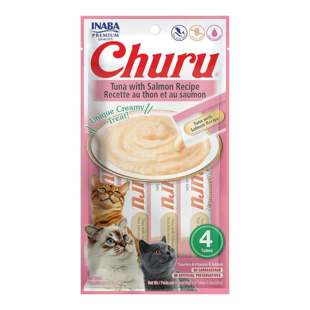 Inaba Churu Tuna with Salmon Recipe cat treats, creamy texture, 4 tubes, nutritious and delicious for healthy cats.