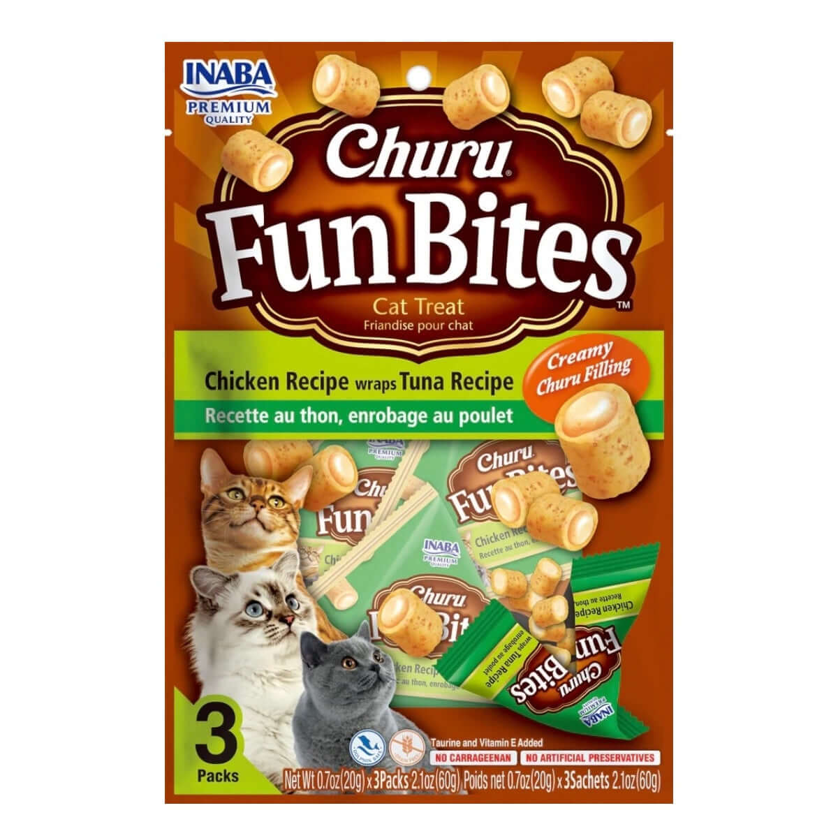 Inaba Churu Fun Bites cat treats packaging featuring chicken and tuna flavors, with creamy filling and three packs for freshness.