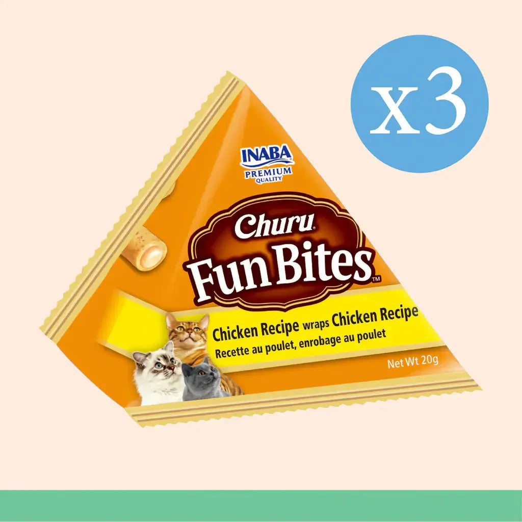 Inaba Churu Fun Bites Cat Treats packaging, featuring chicken recipe, 3x20g for maximum freshness and flavor.