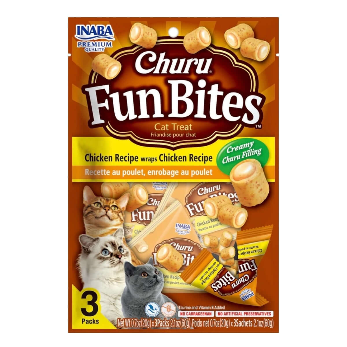 Inaba Churu Fun Bites Cat Treats with chicken recipe, creamy filling, and three packs for freshness.