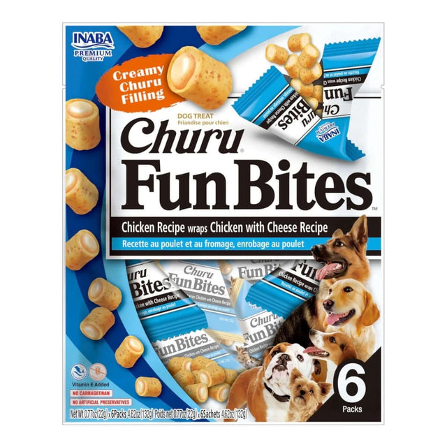 Inaba Churu Fun Bites Dog Treats package with creamy chicken filling, featuring 6 tetra packs for freshness.