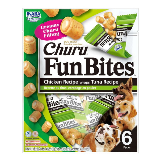 Inaba Churu Fun Bites dog treats pack featuring chicken and tuna flavors for dogs, includes six tetra packs.