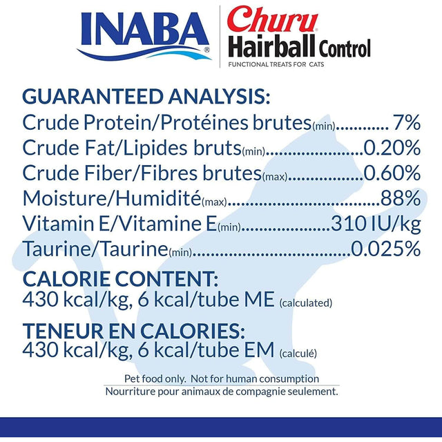 Inaba Churu Hairball Control cat treat nutritional analysis including protein, fat, fiber, moisture, vitamins, and calories.