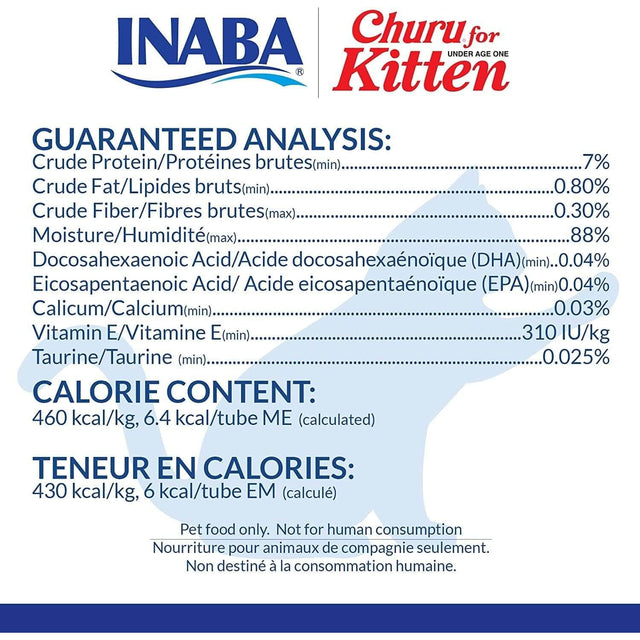 Inaba Churu Kitten Treats nutritional analysis chart with guaranteed protein, fat, fiber, vitamins, and calorie content.