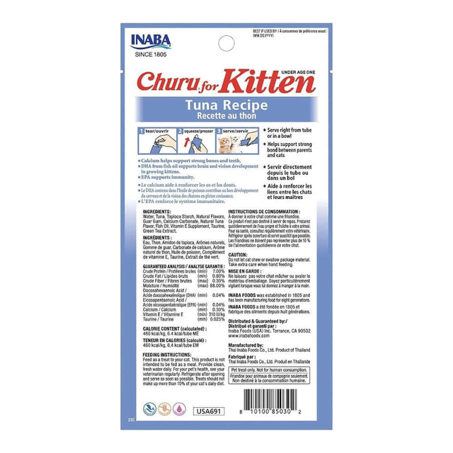 Inaba Churu Kitten Treats Tuna Recipe packaging, featuring ingredients, feeding instructions, and nutritional information.