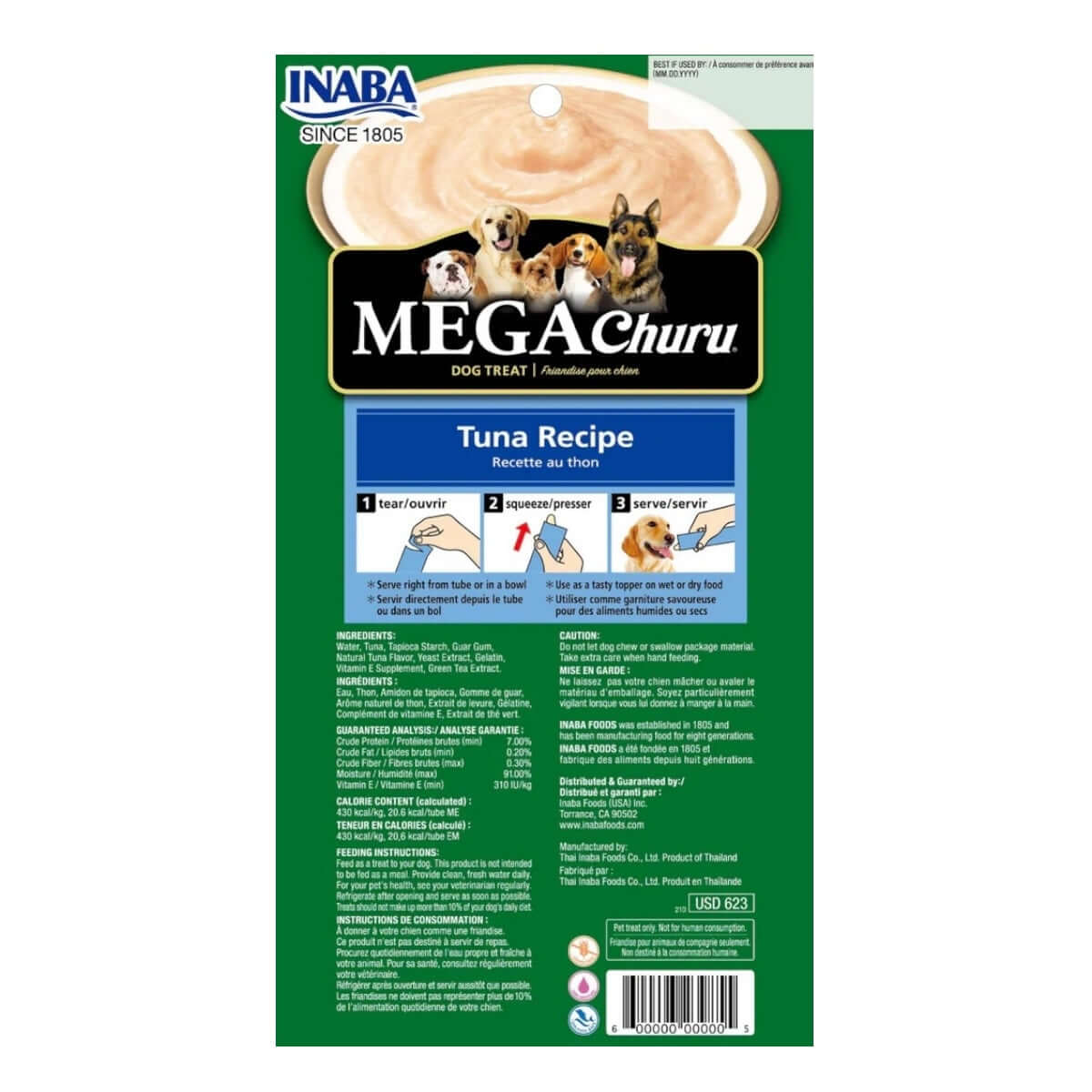Inaba Churu Mega Dog Treat Tuna Recipe packaging, featuring feeding instructions and ingredients for dog treats.