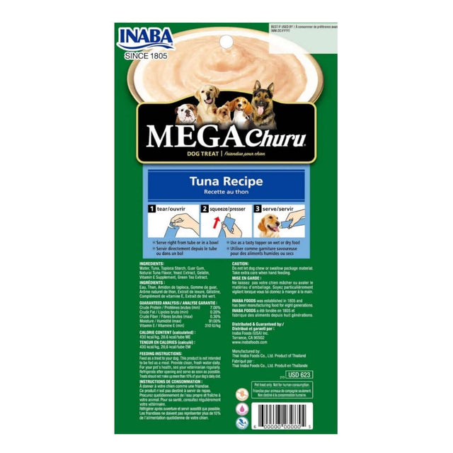 Inaba Churu Mega Dog Treat Tuna Recipe packaging, featuring feeding instructions and ingredients for dog treats.