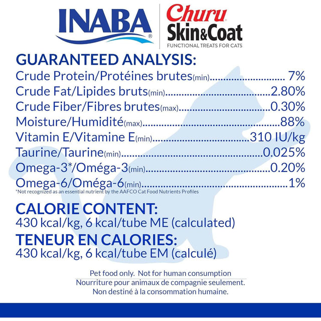 Guaranteed analysis for Inaba Churu Skin & Coat Cat Treat, listing ingredients and nutritional content for cats.