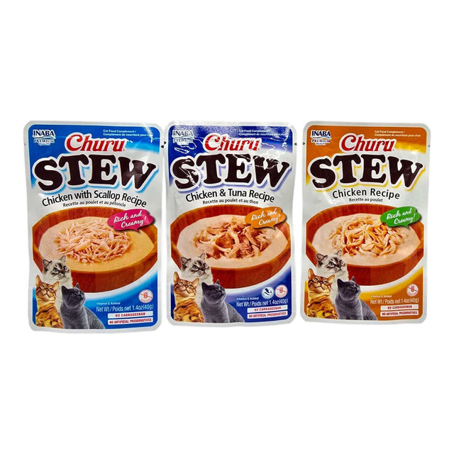 Inaba Churu Stew pouches featuring Chicken with Scallop, Chicken & Tuna, and Chicken recipes for cats.