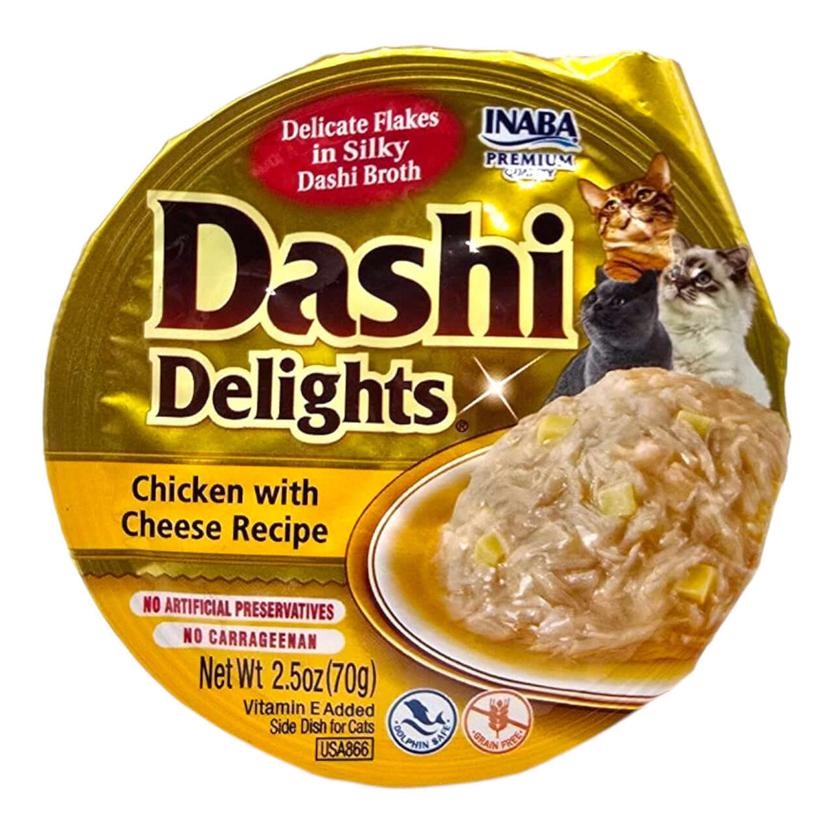 Inaba Dashi Delights can for cats, Chicken with Cheese Recipe, 70g, featuring delicate flakes in silky broth.