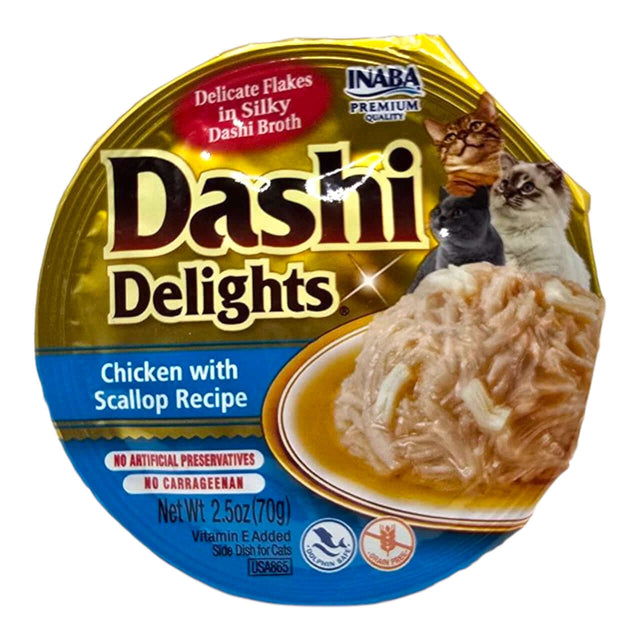 Inaba Dashi Delights 70g Chicken with Scallop Recipe, gourmet cat food in silky broth, no artificial preservatives.