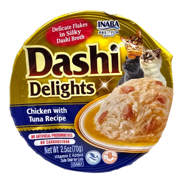 Inaba Dashi Delights 70g Chicken with Tuna Recipe in broth with delicate flakes, healthy cat food made with premium ingredients.