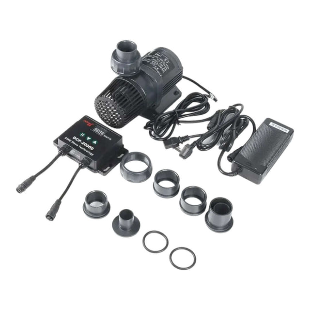 Jecod DC Sine Wave pump with controller, power adapter, and accessories for marine and freshwater systems.