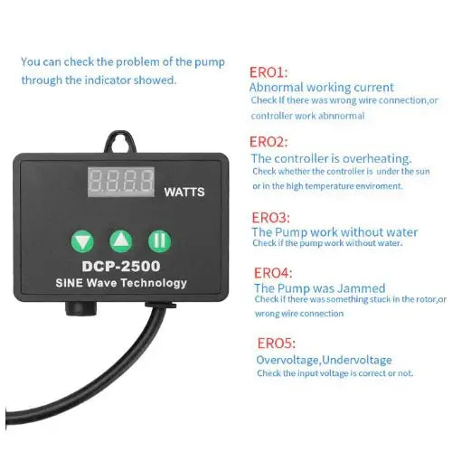 Jecod DCP-2500 Sine Wave Pump controller displaying error indicators for troubleshooting pump issues.