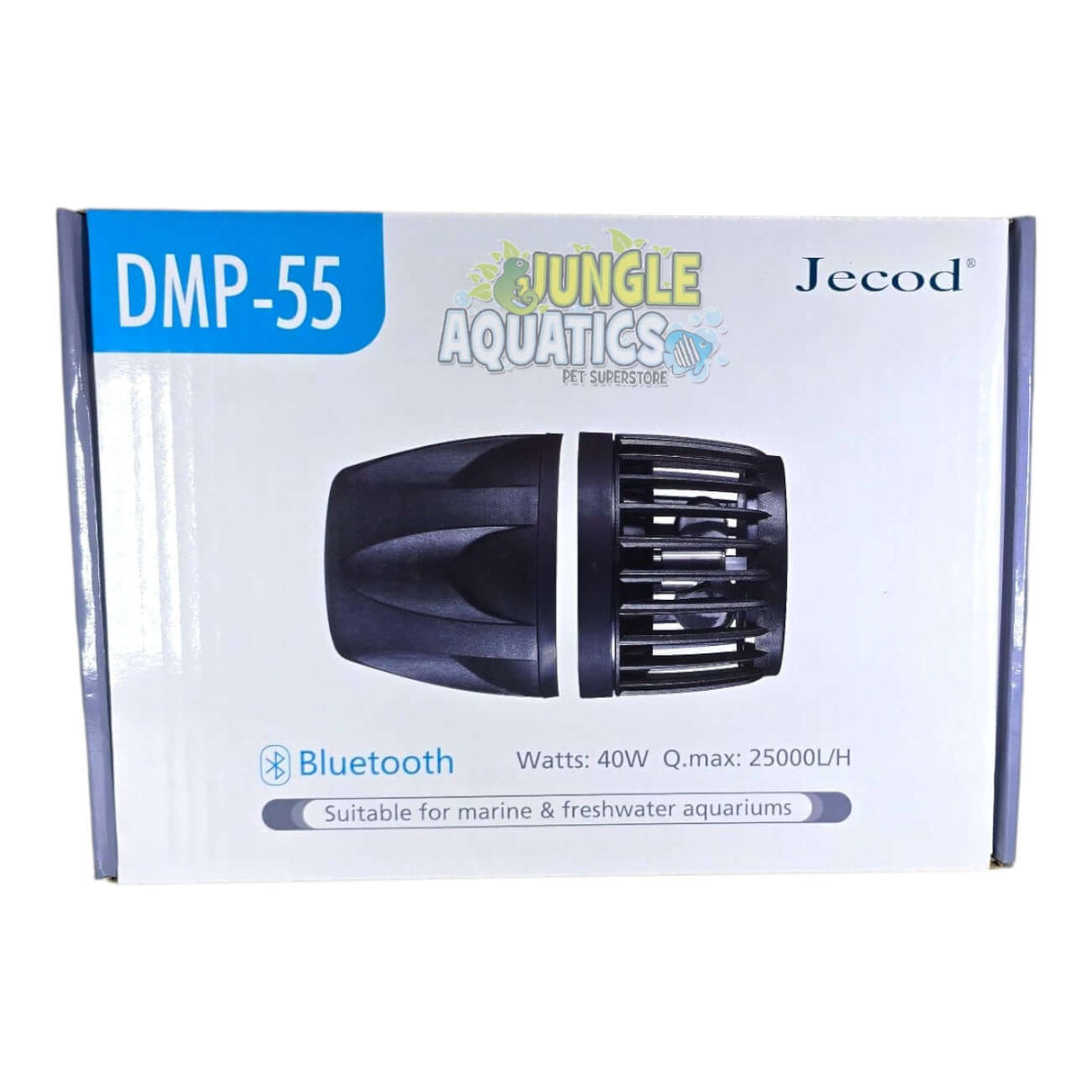 Jecod DMP Wavemaker DMP-55 packaging showing Bluetooth control, 40W wattage, suitable for marine and freshwater aquariums.