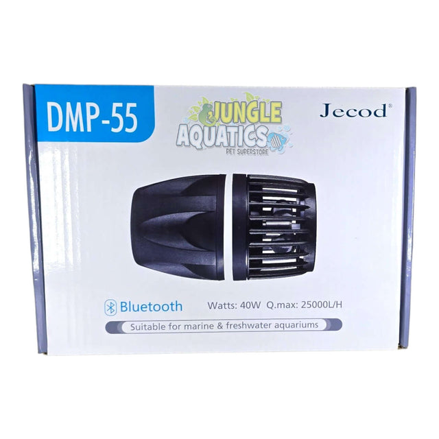 Jecod DMP Wavemaker DMP-55 packaging showing Bluetooth control, 40W wattage, suitable for marine and freshwater aquariums.