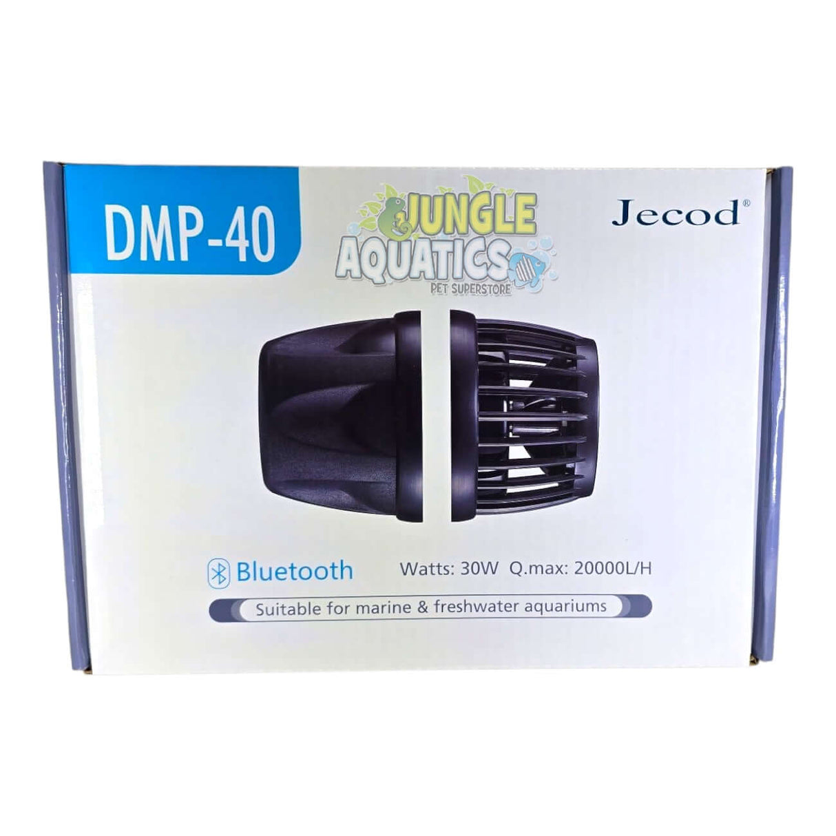 Jecod DMP-40 Wavemaker box featuring Bluetooth, 30W power, suitable for marine and freshwater aquariums.