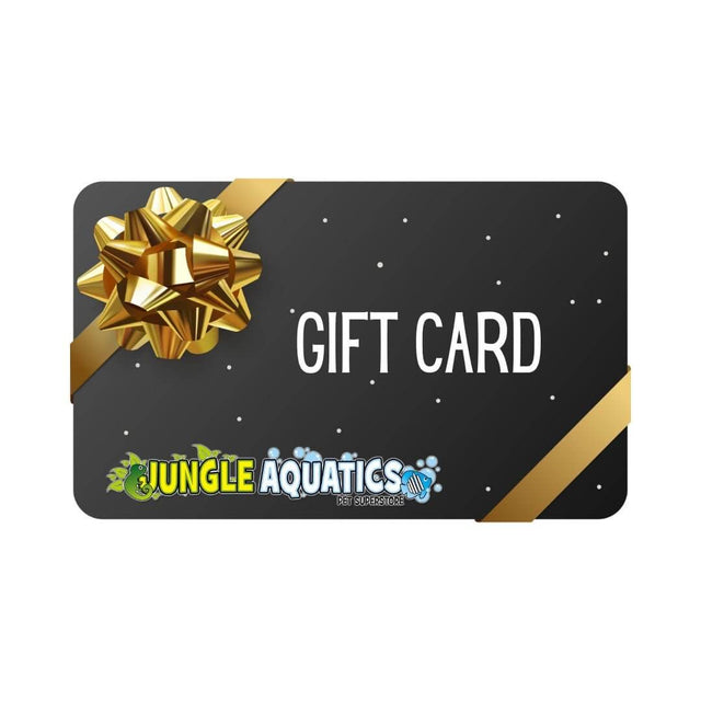 Jungle Aquatics gift card design featuring a gold bow on a black background.