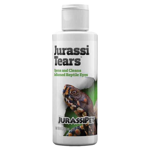 JurassiTears 100ml bottle for cleaning inflamed reptile eyes, featuring a turtle image and product benefits.