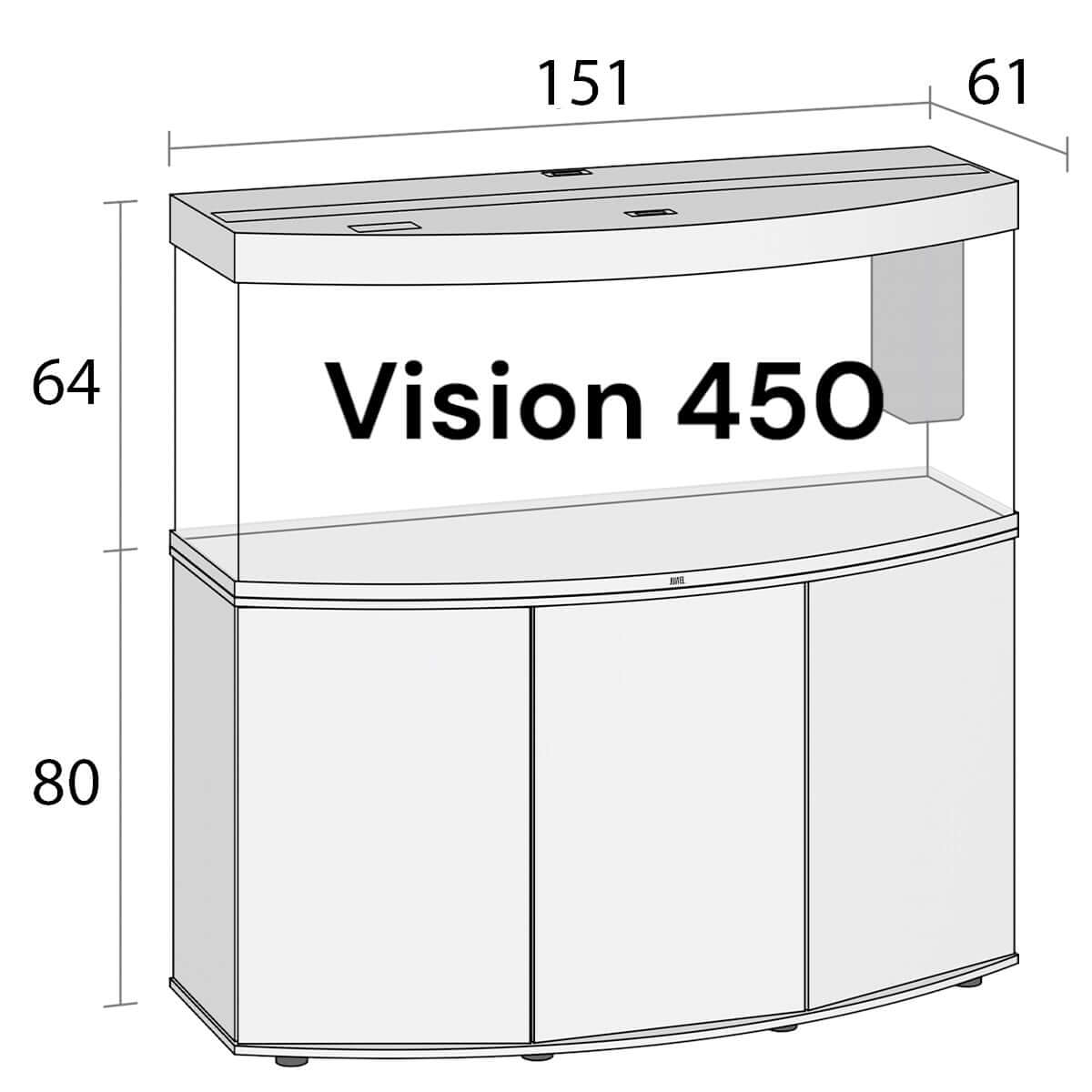 Juwel Vision 450 Aquarium and cabinet dimensions illustration with curved front panel and elegant design.