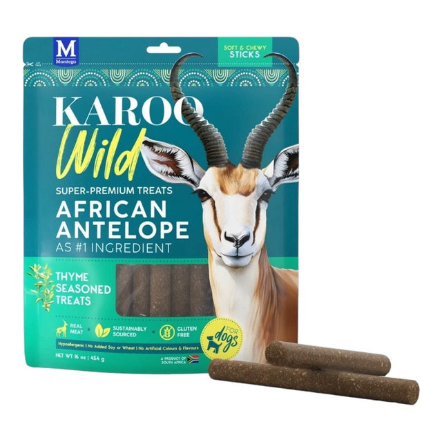 Karoo Wild African Antelope Dog Treats, thyme seasoned, gluten-free, soft and chewy, sustainably sourced, 454g packaging.
