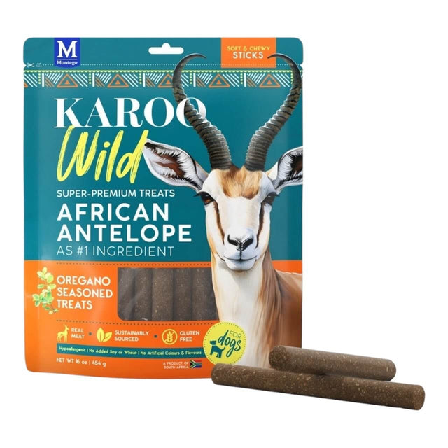 Karoo Wild Sticks African Antelope dog treats in packaging, featuring soft, chewy sticks for large breed dogs.