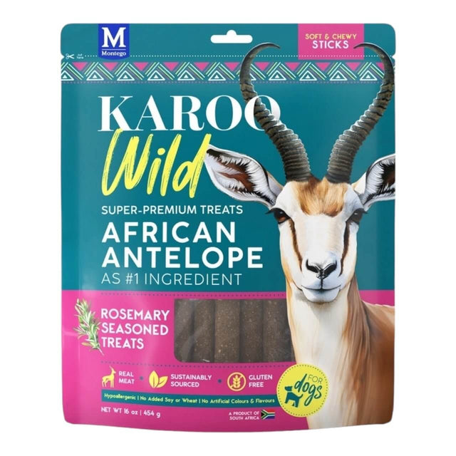 Pack of Karoo Wild Sticks dog treats with African antelope, rosemary seasoning, gluten-free, 454g package.