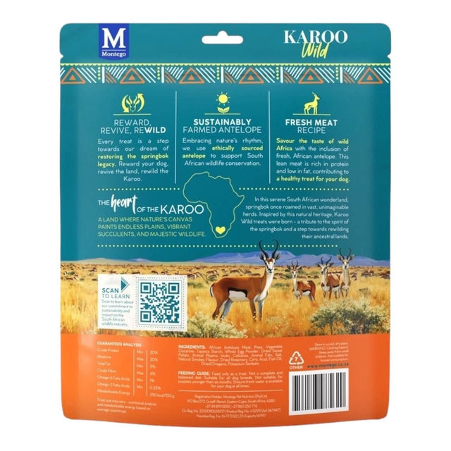 Packaging of Montego Karoo Wild Sticks dog treats highlighting sustainable antelope sourcing and fresh meat recipe.