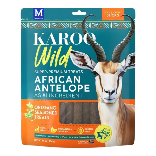 Karoo Wild Sticks dog treats packaging featuring African antelope, sustainably sourced, soft and chewy, 454g.