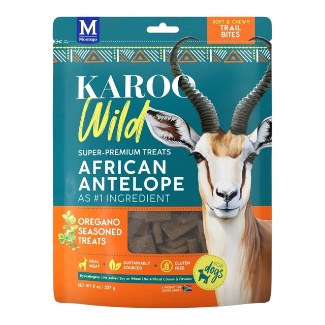 Montego Karoo Wild Trail Bites for Dogs, African Antelope, soft chewy treats, sustainably sourced, gluten-free, 227g packaging.