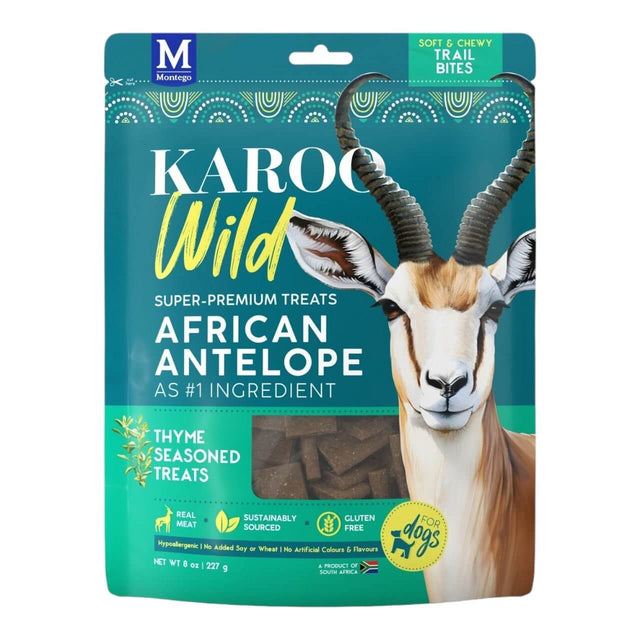 Karoo Wild Trail Bites 227g pack featuring African Antelope dog treats, sustainably sourced, soft and chewy texture.