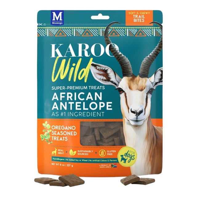 Karoo Wild Trail Bites dog treats with African antelope, gluten-free, sustainably sourced, soft and chewy, 227g package.
