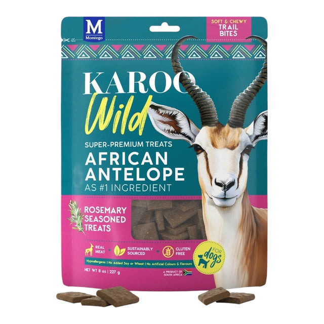 Karoo Wild African Antelope Dog Treats 227g, soft and chewy, sustainably sourced with rosemary seasoning. Gluten-free snack.