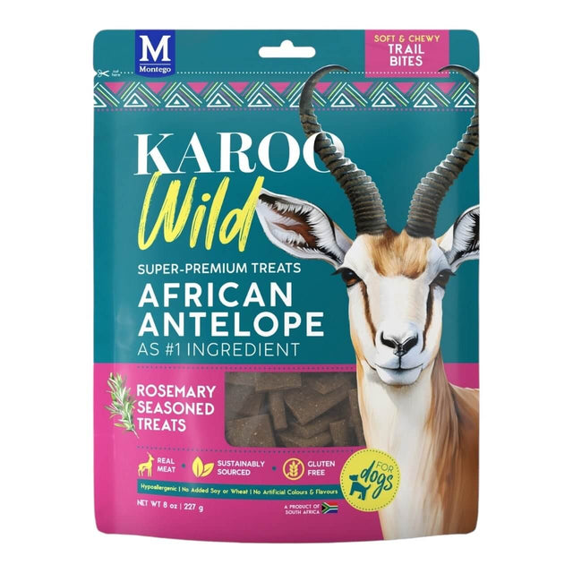 Montego Karoo Wild Trail Bites for dogs, soft and chewy dog treats with African antelope, sustainably sourced, 227g package.