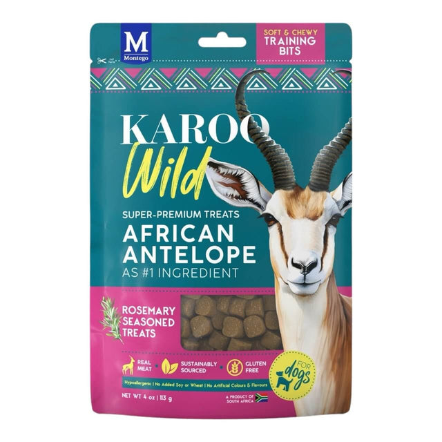 Karoo Wild Training Bits package featuring African Antelope dog treats, soft, chewy, gluten-free, sustainably sourced 113g.