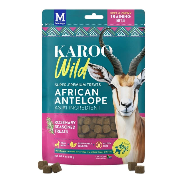Karoo Wild Training Bits dog treats packaging featuring African antelope as the main ingredient, sustainably sourced and gluten-free.