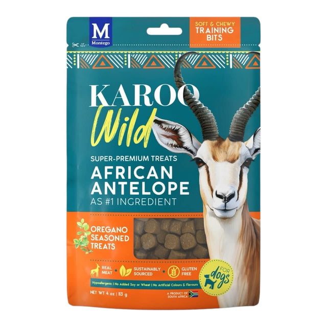 Karoo Wild African Antelope dog training bits, soft and chewy, sustainably sourced, 113g packaging by Montego.