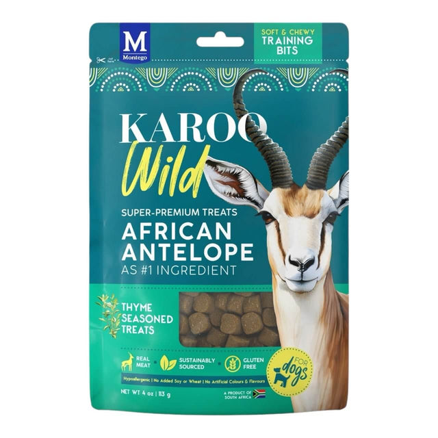 Montego Karoo Wild Training Bits dog treats, featuring African Antelope as the main ingredient, sustainably sourced and gluten-free.