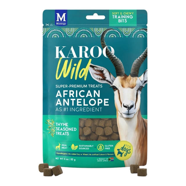 Karoo Wild Training Bits 113g dog treats featuring African antelope as the main ingredient, sustainably sourced and gluten-free.