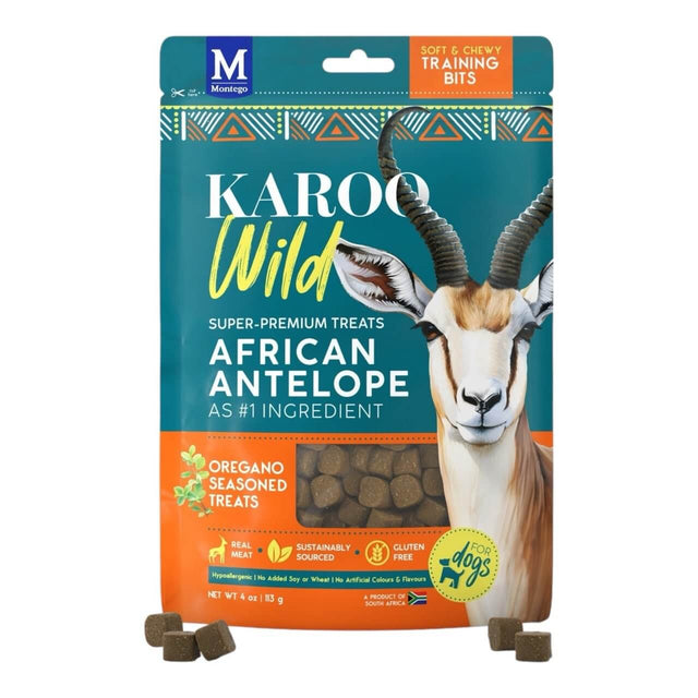 Montego Karoo Wild Training Bits dog treats, featuring African antelope, soft and chewy, sustainably sourced, 113g pack.