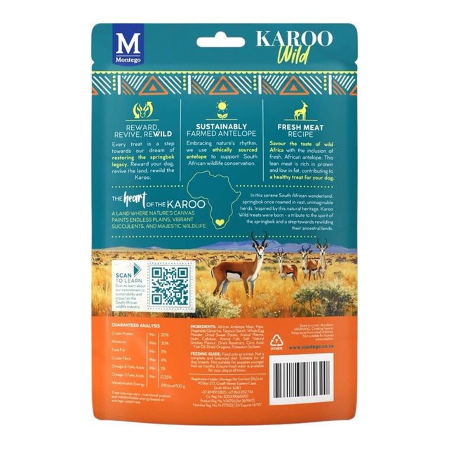 Back of Montego Karoo Wild Training Bits packaging showcasing sustainable ingredients and fresh meat recipe.