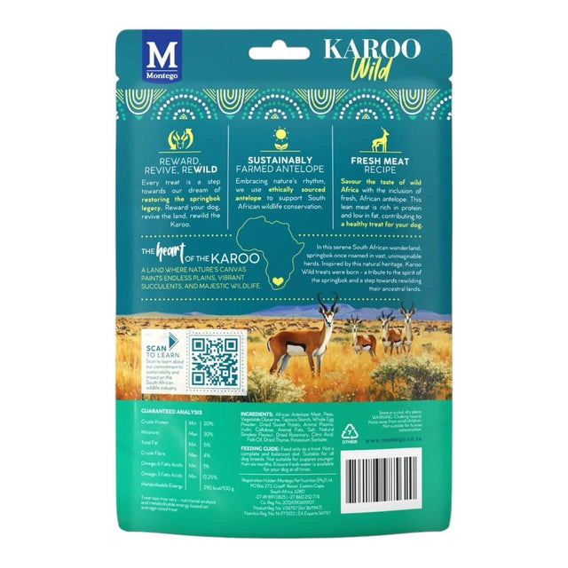 Karoo Wild dog treat packaging featuring sustainably sourced antelope and a fresh meat recipe from Montego.