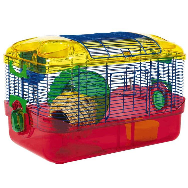 Colorful Kaytee CritterTrail Primary Habitat for hamsters with exercise wheel, food dish, and cozy nest.
