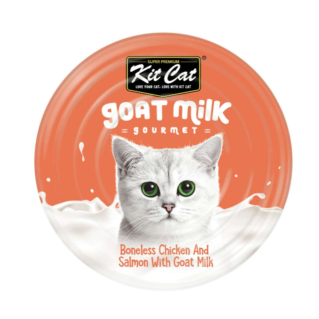 Kit Cat Boneless Chicken Shreds and Salmon with Goat's Milk 70g can, featuring a cat and creamy background, grain-free diet for sensitive cats.