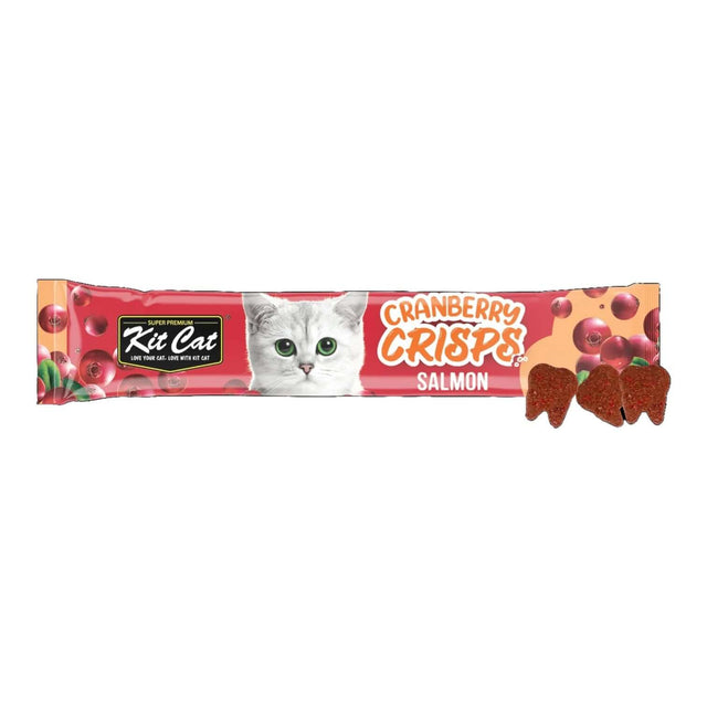 Kit Cat Cranberry Crisps with Salmon packaging and treats, designed for urinary care and fussy eaters in cats.