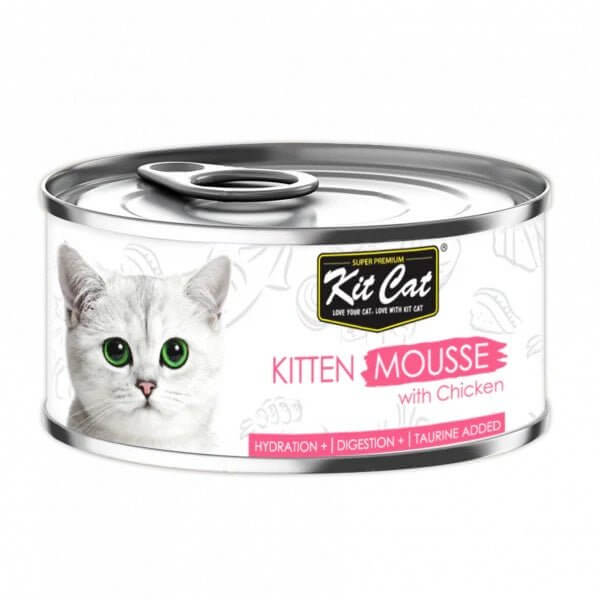 Kit Cat Kitten Chicken Mousse can, grain-free wet cat food with taurine, hydration and digestion benefits for kittens.
