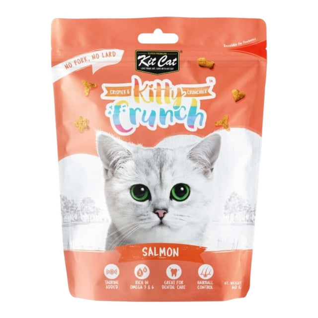 Kit Cat KittyCrunch Salmon cat treats bag featuring a playful cat, promoting dental health and tasty flavors.
