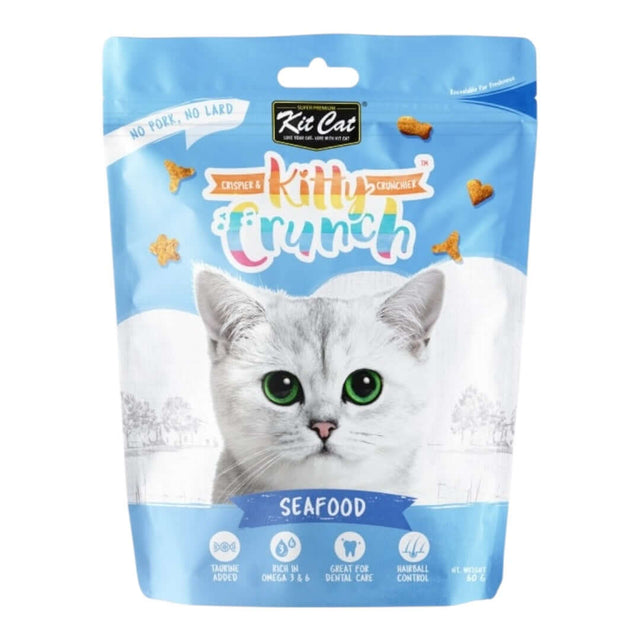 Kit Cat KittyCrunch Cat Treats in seafood flavor, fun shapes, and dental health benefits for cats.