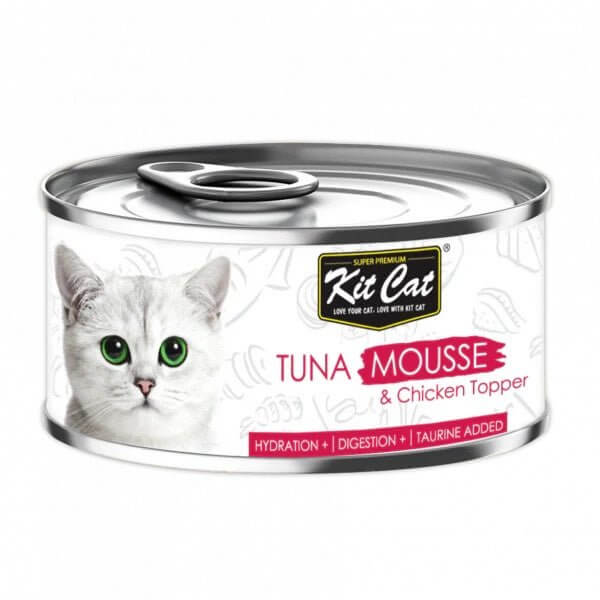 Kit Cat Tuna Mousse with Chicken Topper 80g can, grain-free wet food for all life stages, with added taurine for hydration and digestion.